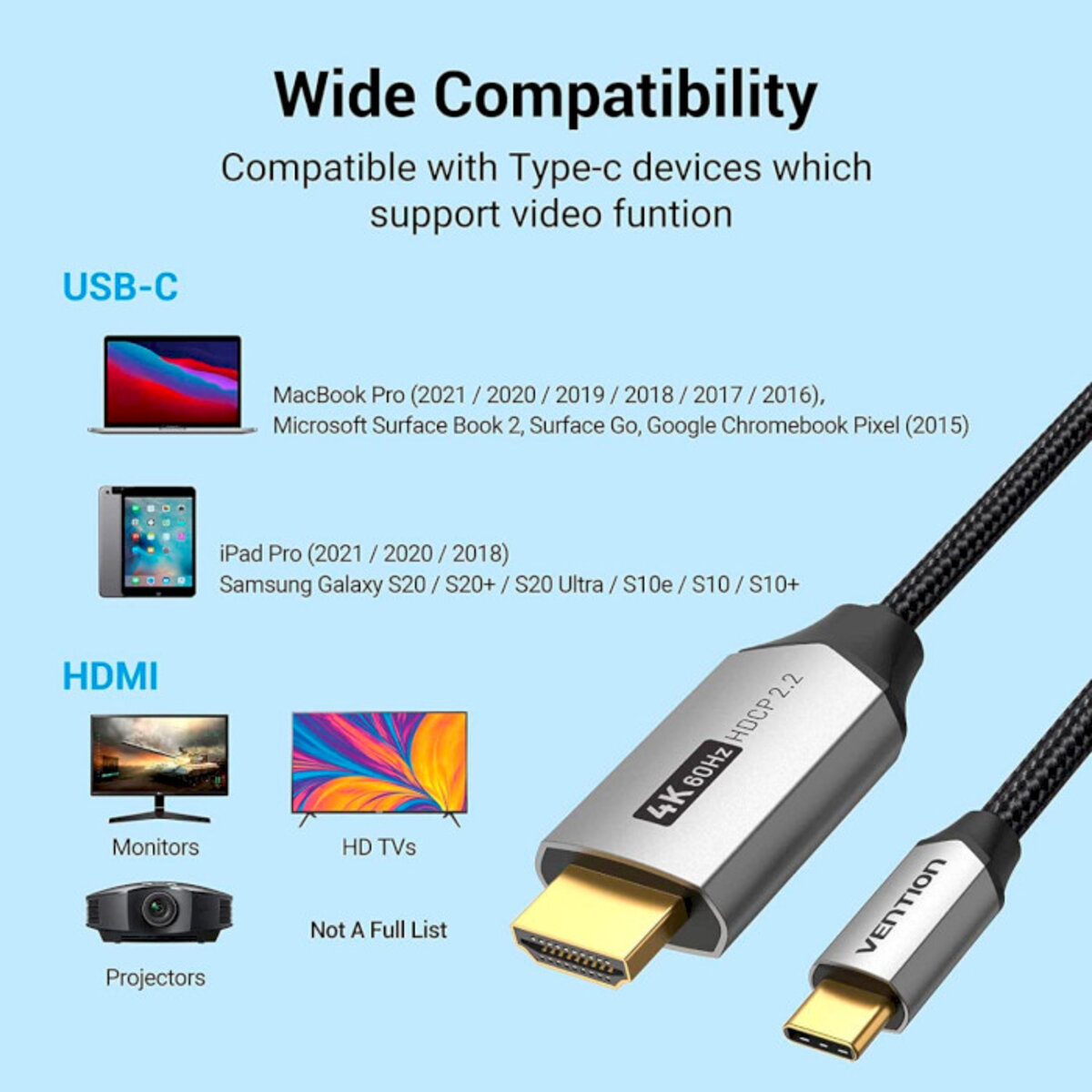 Кабель Vention Cotton Braided USB-C to HDMI Cable 1.5M Black Aluminum Alloy Type на малюнкі №8