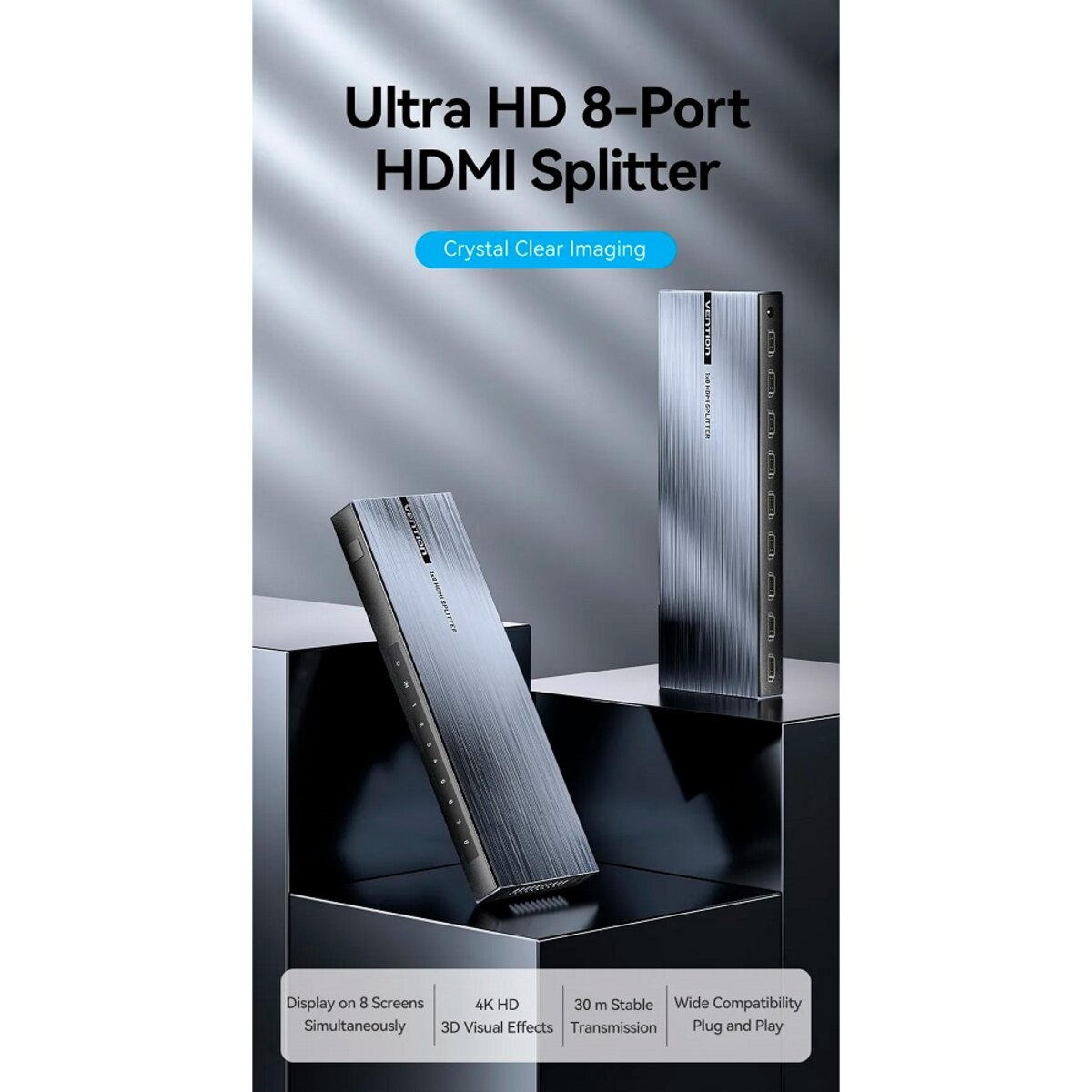 Сплітер Vention 4K 1x8 HDMI Splitter Black Aluminum Alloy Type EU Standard (AKQB0-EU) Фотографія №2 Сплітер Vention 4K 1x8 HDMI Splitter Black Aluminum Alloy Type EU Standard (AKQB0-EU) на малюнкі №2