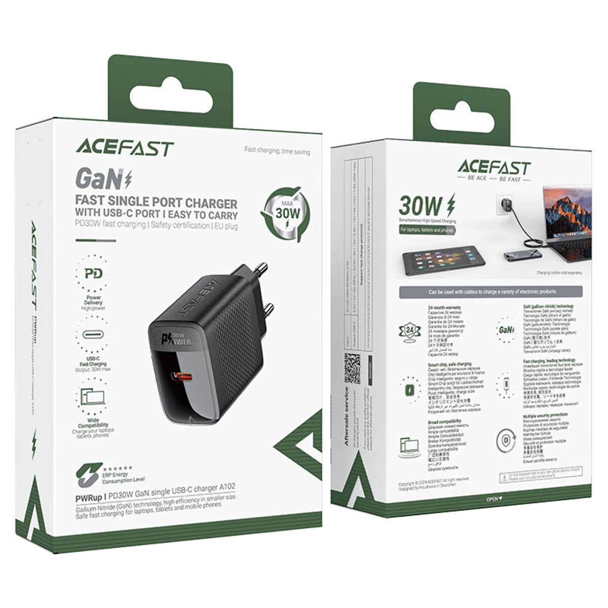 Мережевий зарядний пристрій ACEFAST A102 PD30W GaN single USB-C charger (EU) Black (6974316283287) на картинке №2