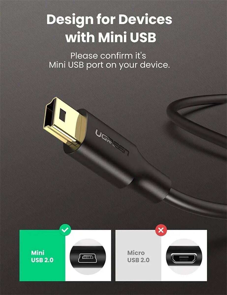 Кабель UGREEN USB 2.0 A Male to Mini 5 Pin Male Cable 1.5m (Black) на малюнкі №4