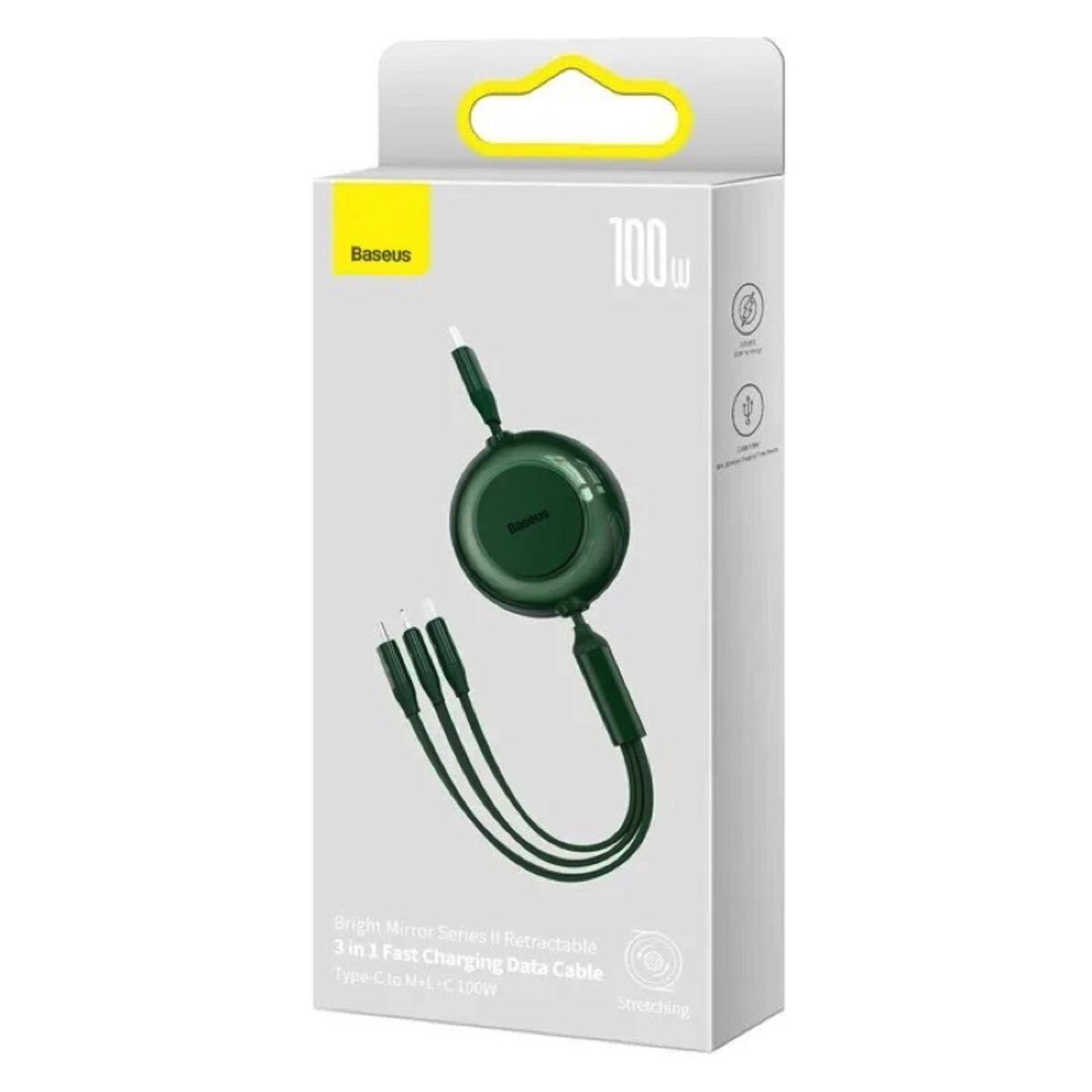 Кабель Baseus Bright Mirror 2 Series Retractable 3-in-1 Fast Charging  Data Cable Type-C to M+L+C 100W 1.1m Green (CAMJ010206) на картинке №2