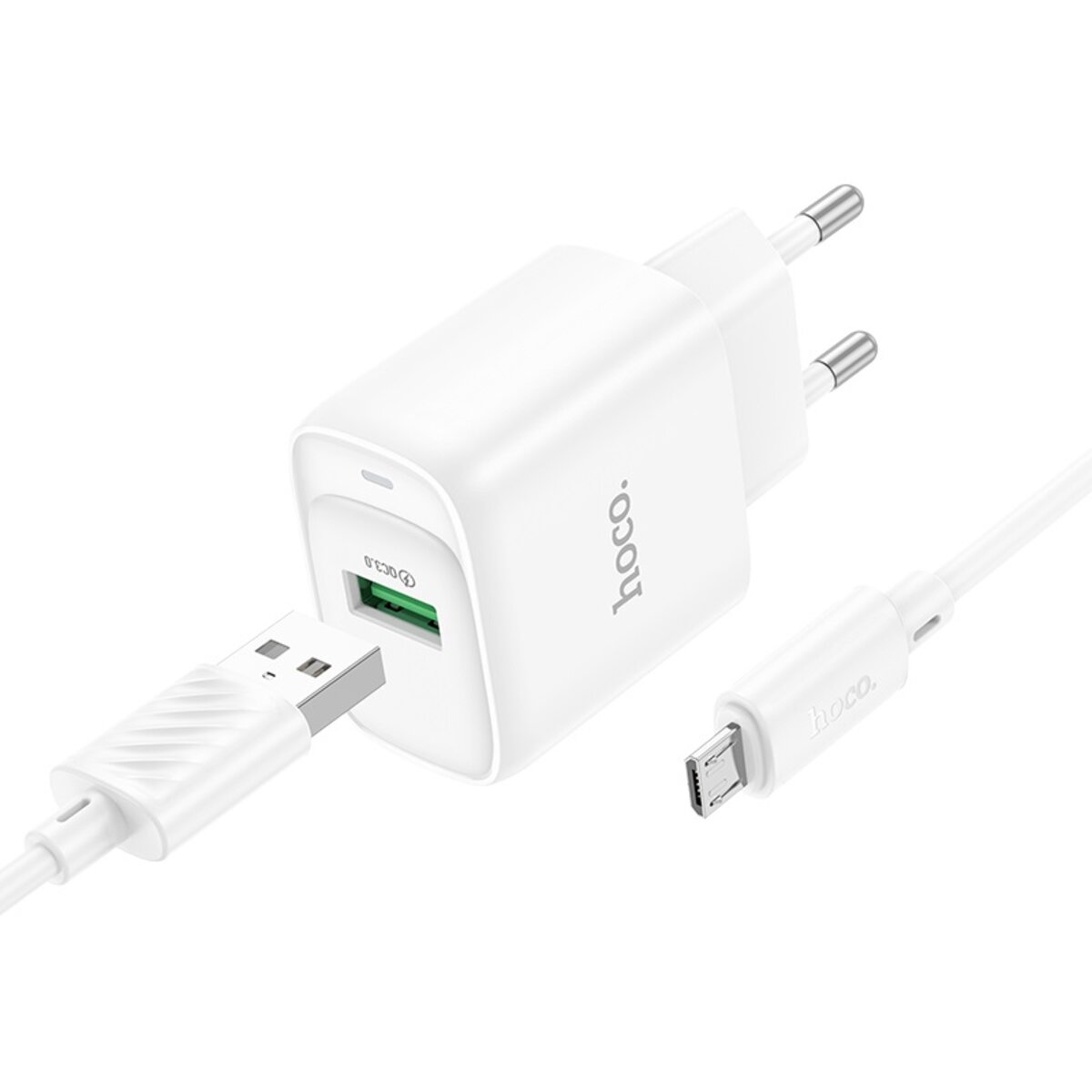 Мережевий зарядний пристрій HOCO C140A Smart single port QC3.0 charger set (Micro)(EU) White на малюнкі №1