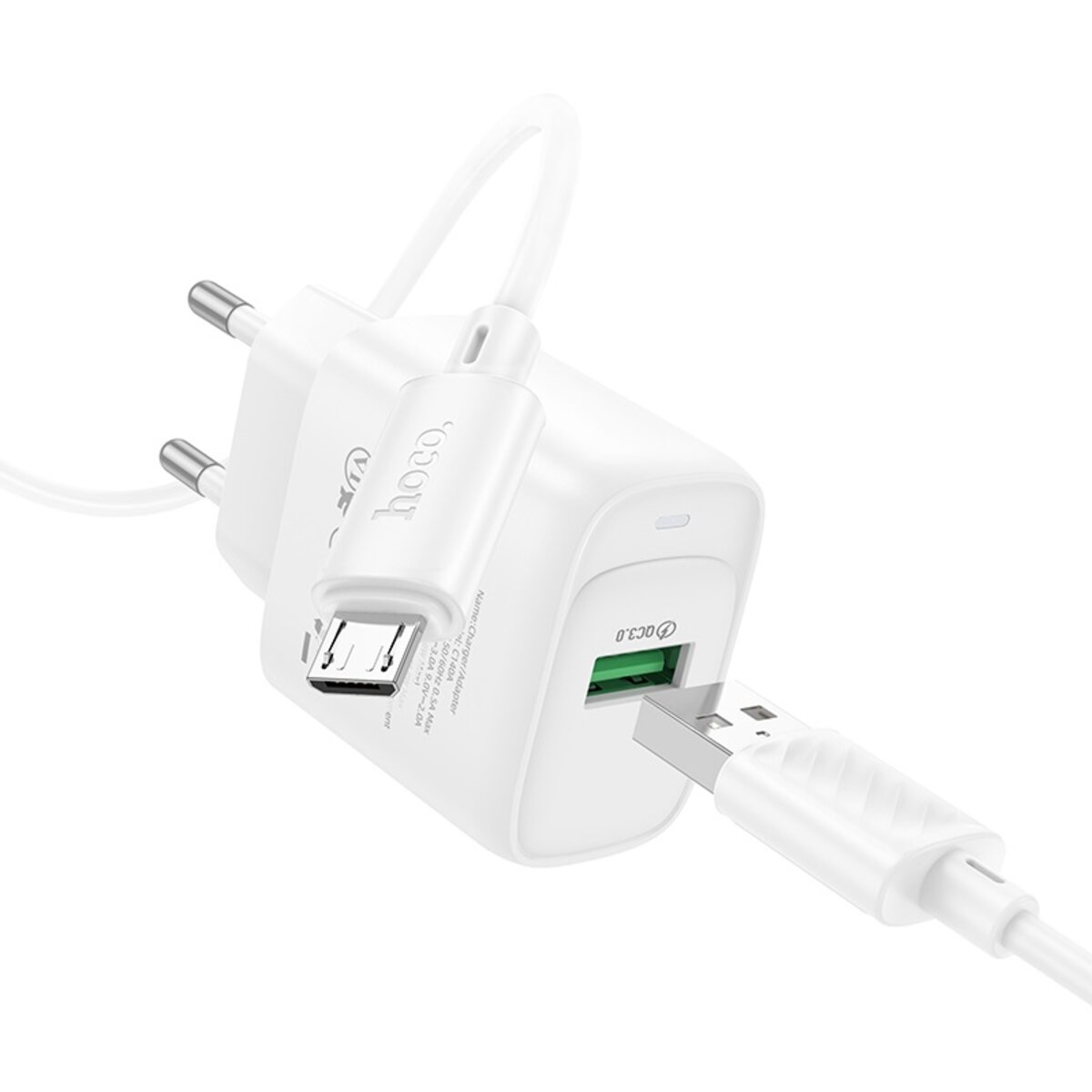 Мережевий зарядний пристрій HOCO C140A Smart single port QC3.0 charger set (Micro)(EU) White на малюнкі №3