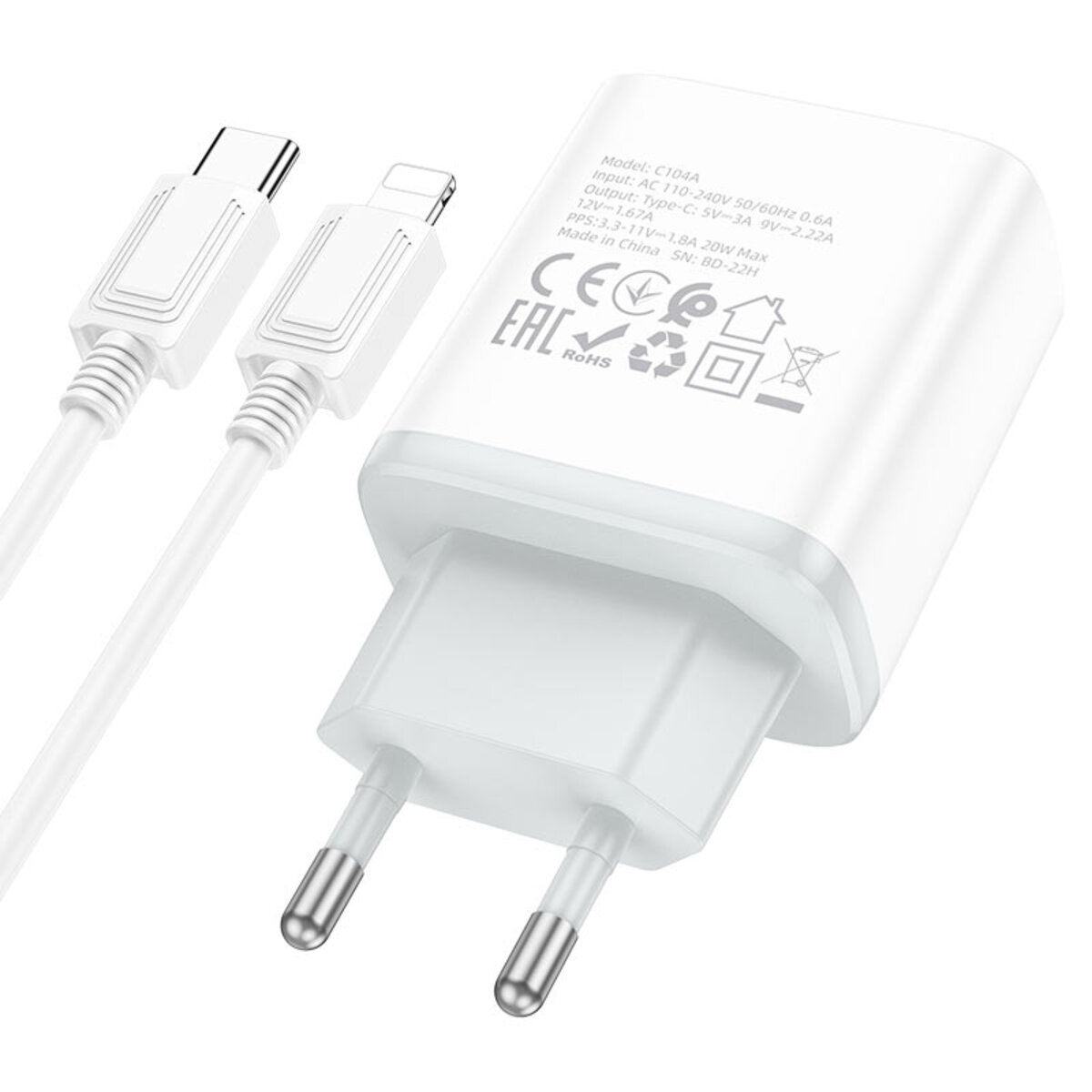 Мережевий зарядний пристрій HOCO C104A Stage single port PD20W charger set (C to iP)(EU) White на картинке №4