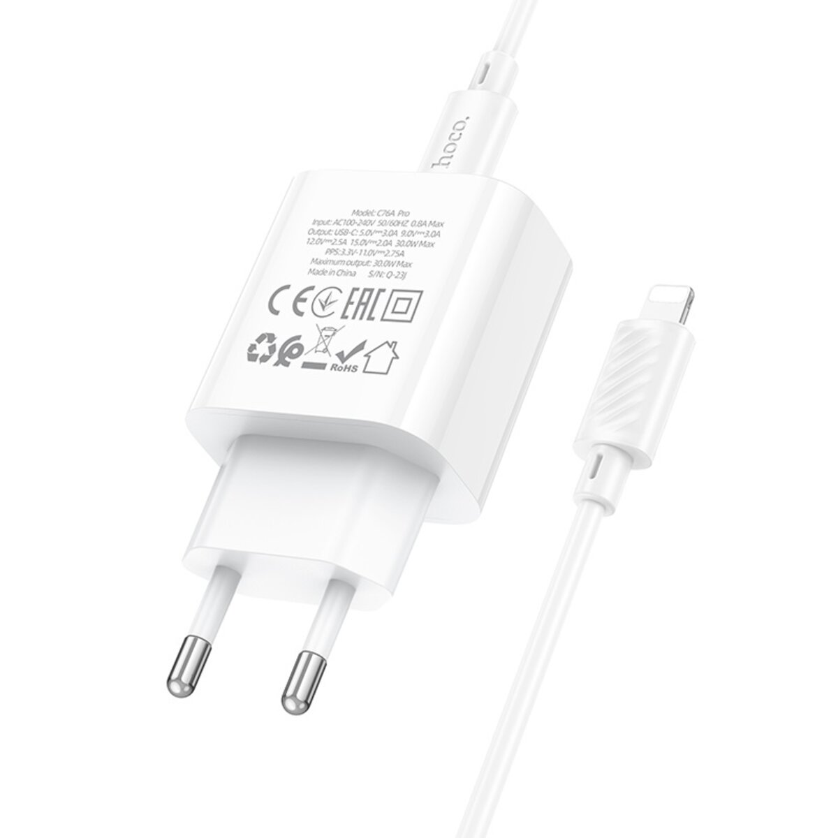 Мережевий зарядний пристрій HOCO C76A Pro Majestic single port PD30W charger set (C to iP)(EU) White на малюнкі №4