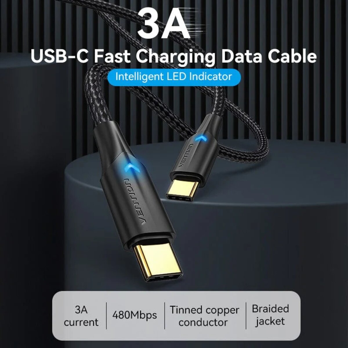 Кабель Vention Nylon Braided USB 2.0 C Male to C Male 3A Cable 2M Black LED Type (TAUBH) на картинке №2