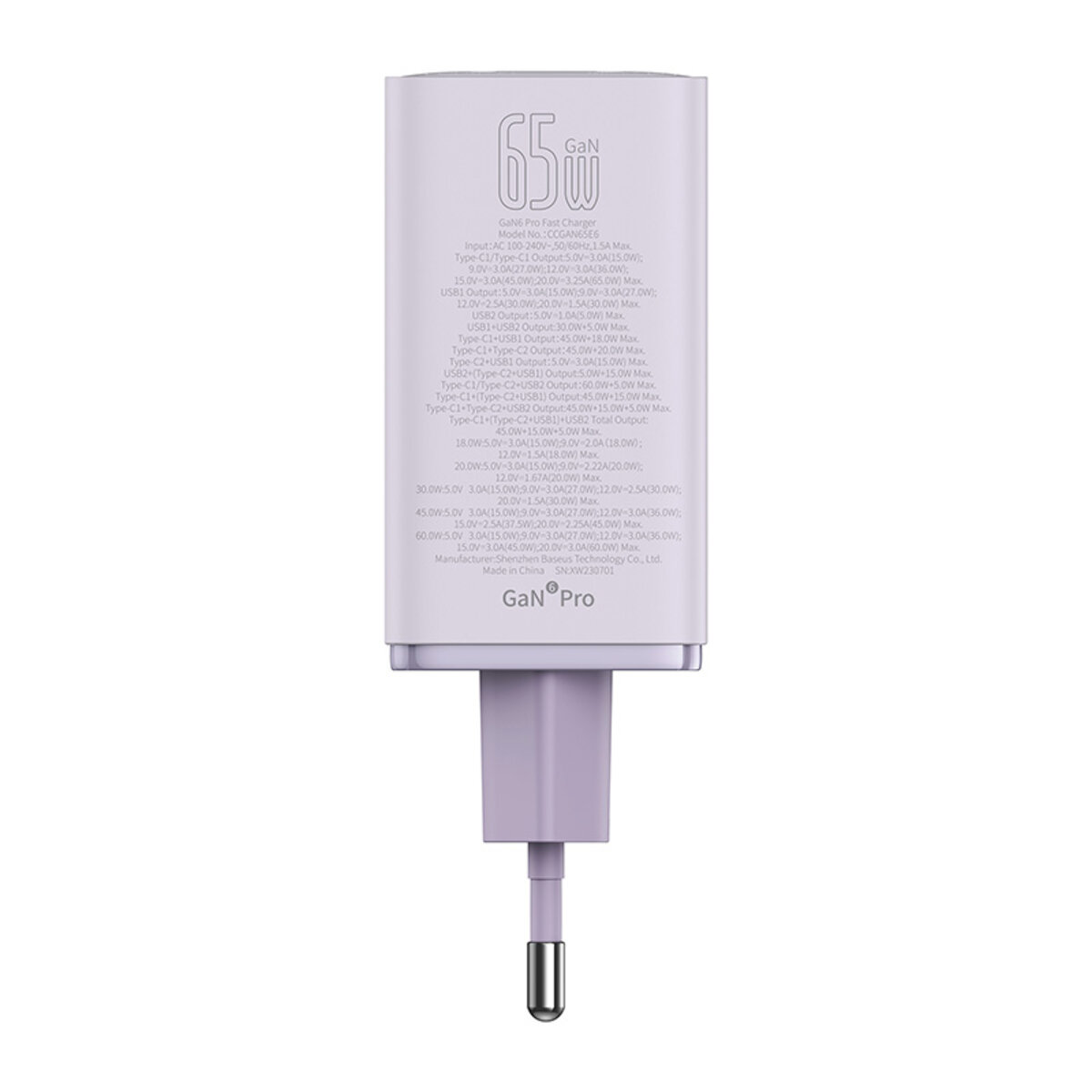 Мережевий зарядний пристрій Baseus GaN6 Pro Fast Charger 2C+2U 65W EU Star Purple(With:Mini White Cable Type-C to Type-C 100W(20V/5A) 1m Star Purple） на малюнкі №8