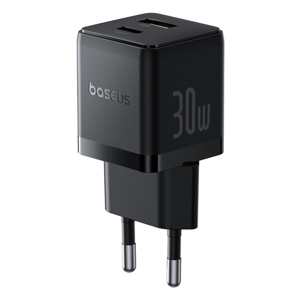Мережевий зарядник пристрій Baseus Palm Fast Charger C+U 30W EU Cluster Black (with Baseus Mini White Cable USB-C to USB-C 60W (20V/3A) 1m) (P1011160A113-01) на картинке №3