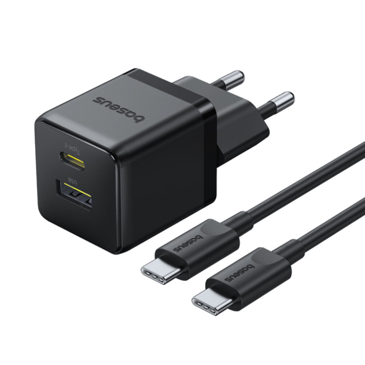 Мережевий зарядник пристрій Baseus Palm Fast Charger C+U 30W EU Cluster Black (with Baseus Mini White Cable USB-C to USB-C 60W (20V/3A) 1m) (P1011160A113-01) на картинке №1