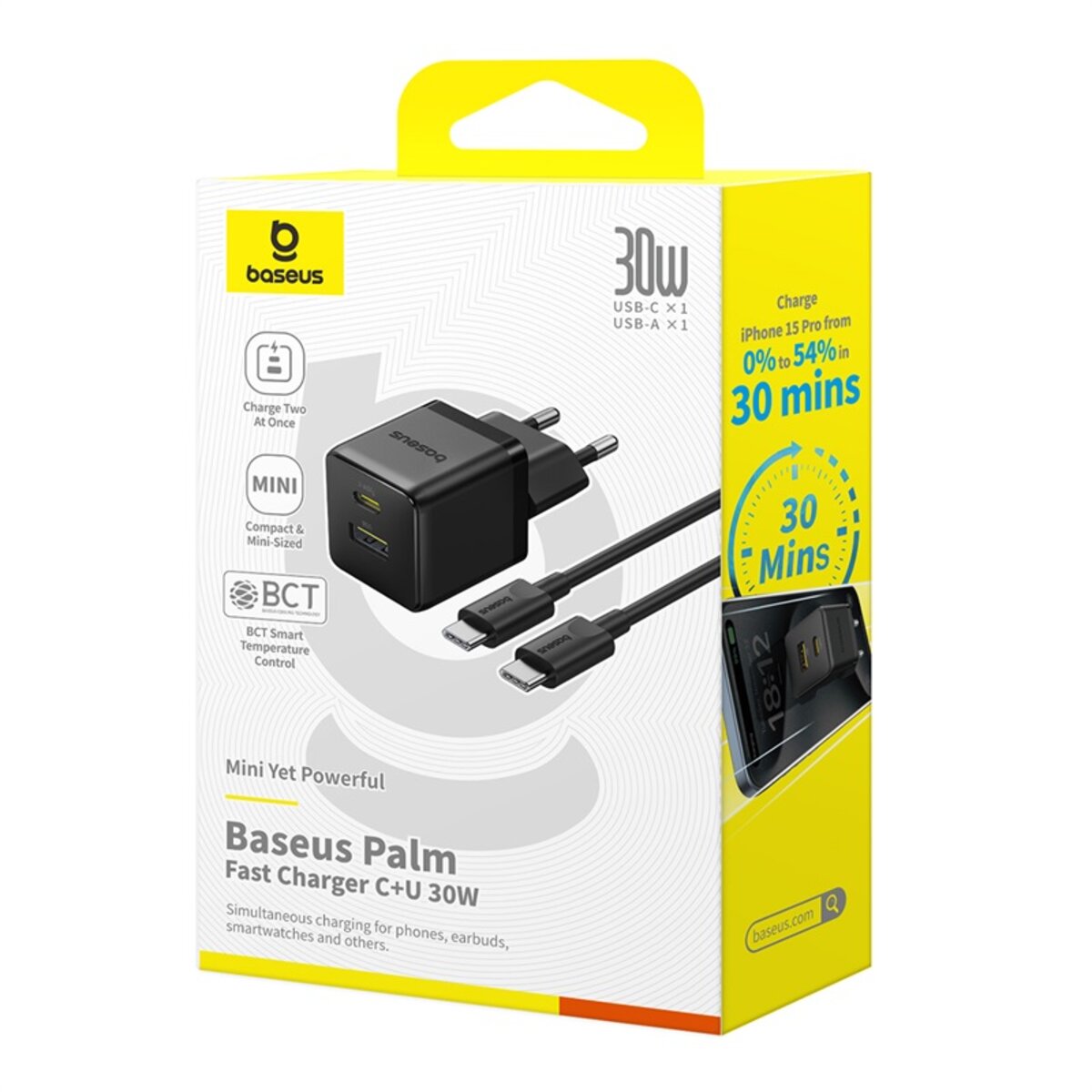 Мережевий зарядник пристрій Baseus Palm Fast Charger C+U 30W EU Cluster Black (with Baseus Mini White Cable USB-C to USB-C 60W (20V/3A) 1m) (P1011160A113-01) на картинке №2