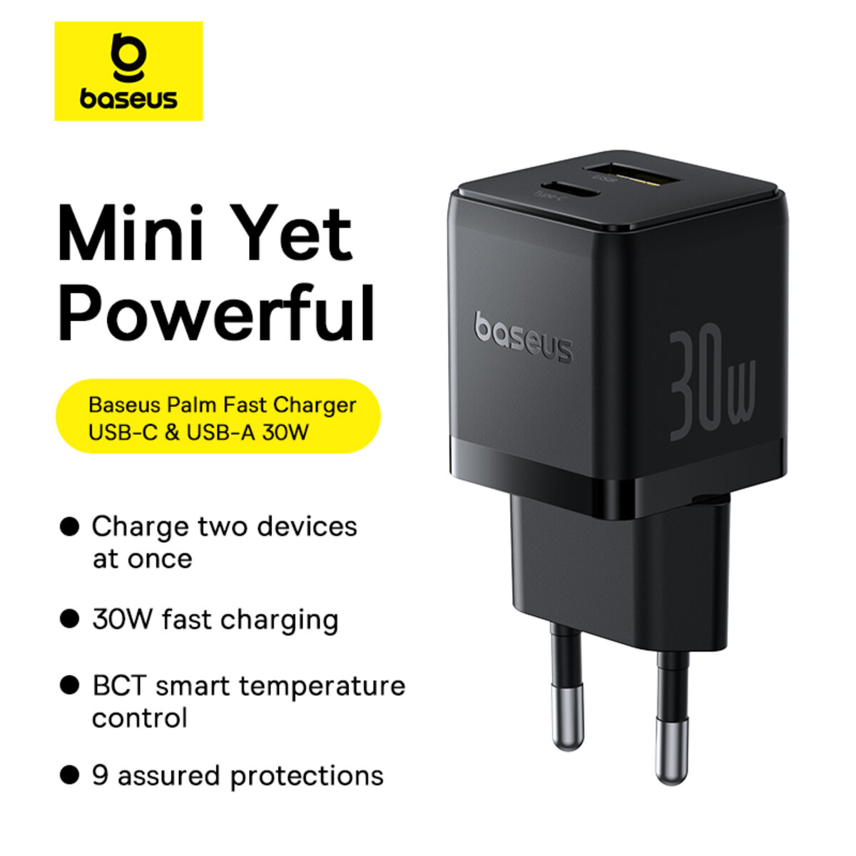 Мережевий зарядник пристрій Baseus Palm Fast Charger C+U 30W EU Cluster Black (with Baseus Mini White Cable USB-C to USB-C 60W (20V/3A) 1m) (P1011160A113-01) на картинке №7