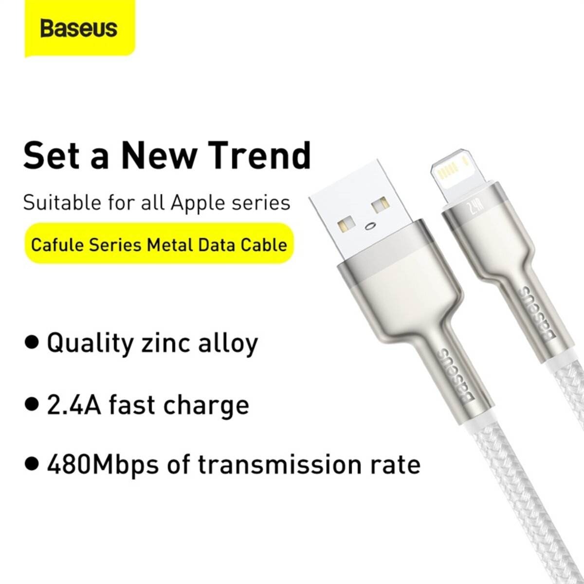 Кабель Baseus Cafule Series Metal Data Cable USB to IP 2.4A 2m White на малюнкі №8
