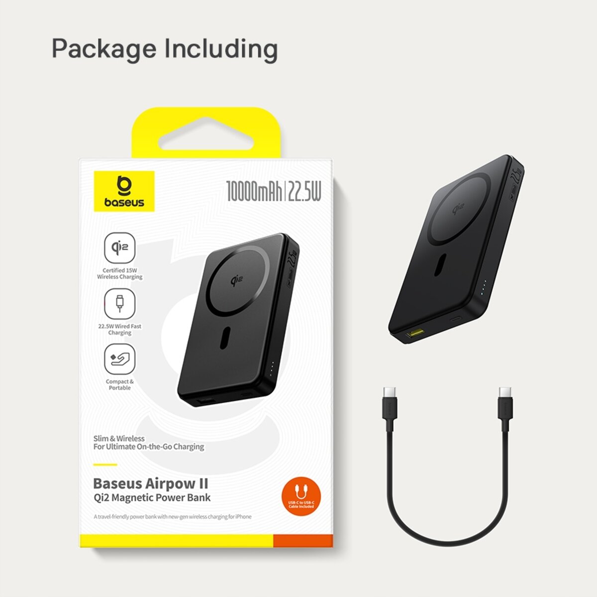 Зовнішній акумулятор Baseus Airpow Ⅱ Qi2 Magnetic Power Bank 10000mAh 22.5W Cosmic Black （With Simple Series Charging Cable Type-C to Type-C（20V/3A）30 на малюнкі №2