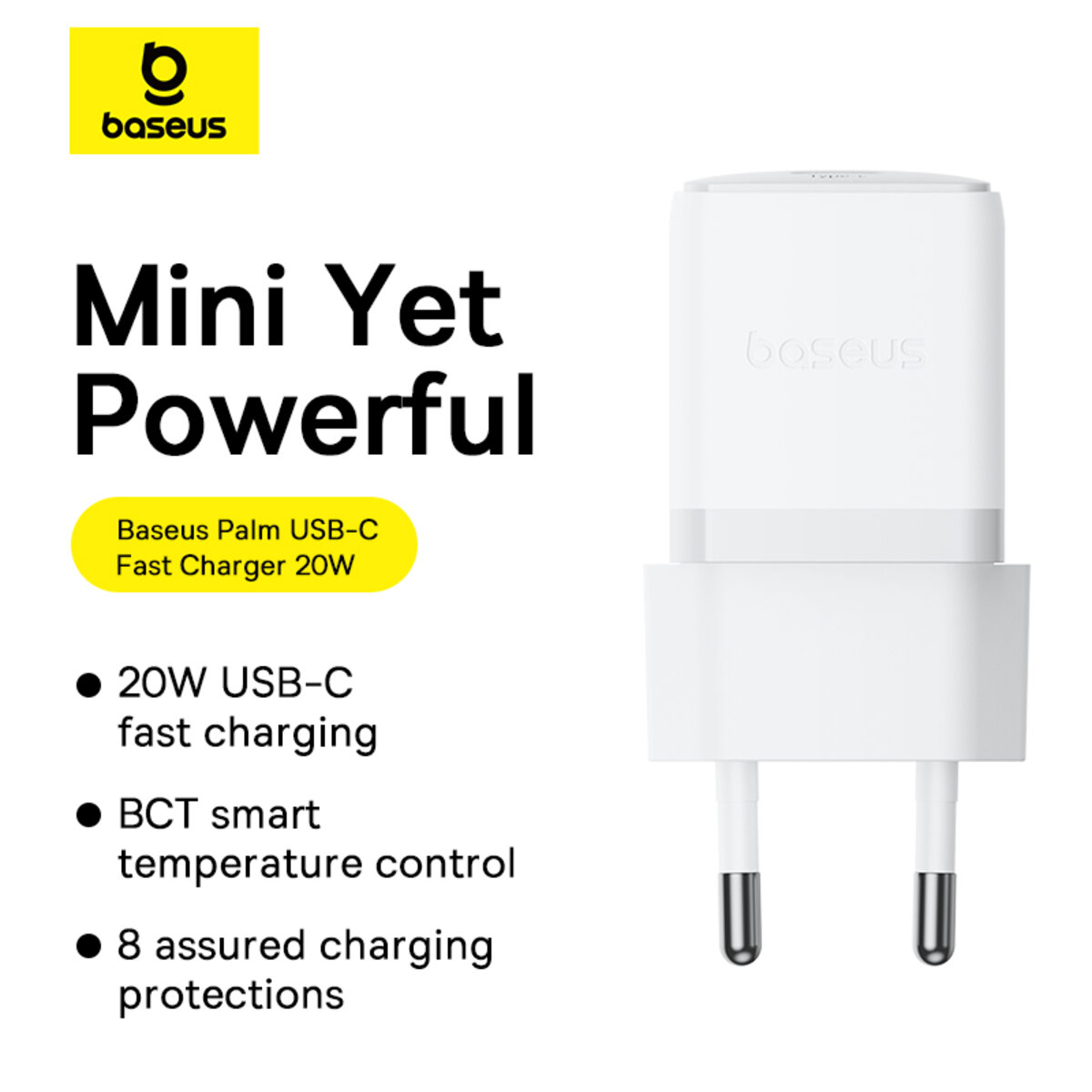 Мережевий зарядний пристрій Baseus Palm Fast Charger 1C 20W EU Moon White (with Baseus Mini White Cable USB-C to USB-C 60W (20V/3A) 1m Moon White) на малюнкі №8