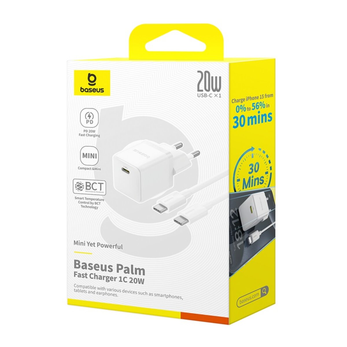 Мережевий зарядний пристрій Baseus Palm Fast Charger 1C 20W EU Moon White (with Baseus Mini White Cable USB-C to USB-C 60W (20V/3A) 1m Moon White) на малюнкі №2