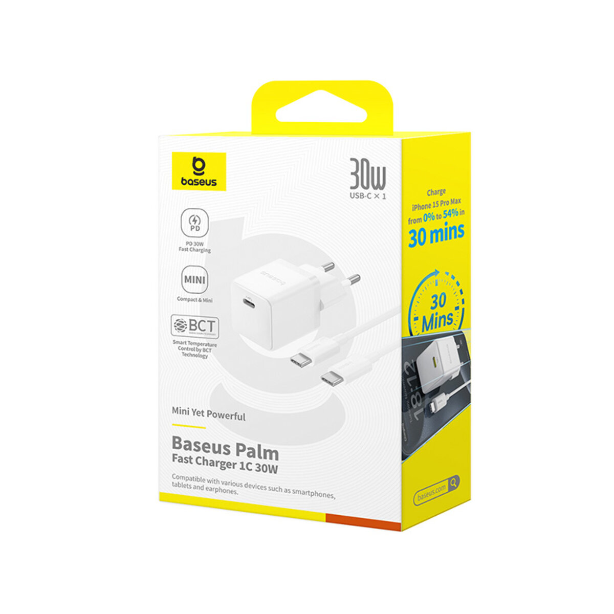 Мережевий зарядний пристрій Baseus Palm Fast Charger 1C 30W EU Moon White(With:Baseus Mini White Cable Type-C to Type-C 60W(20V/3A) 1m Moon White) на малюнкі №2