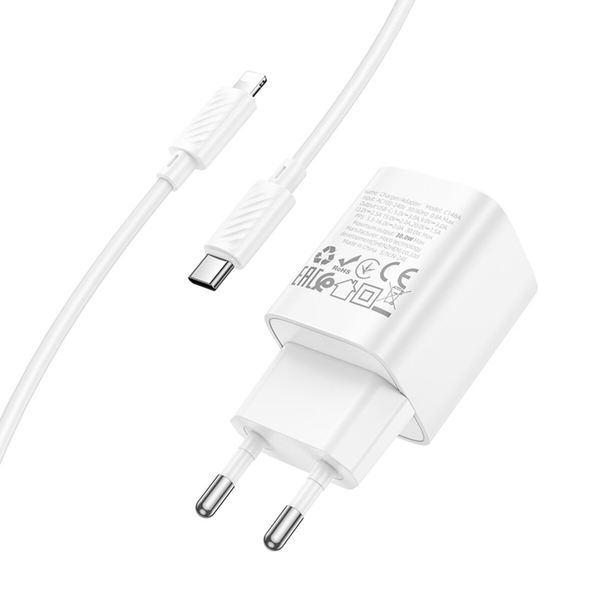 Мережевий зарядний пристрій HOCO C148A Charm single port PD30W charger set (C to iP) (EU) White на малюнкі №7