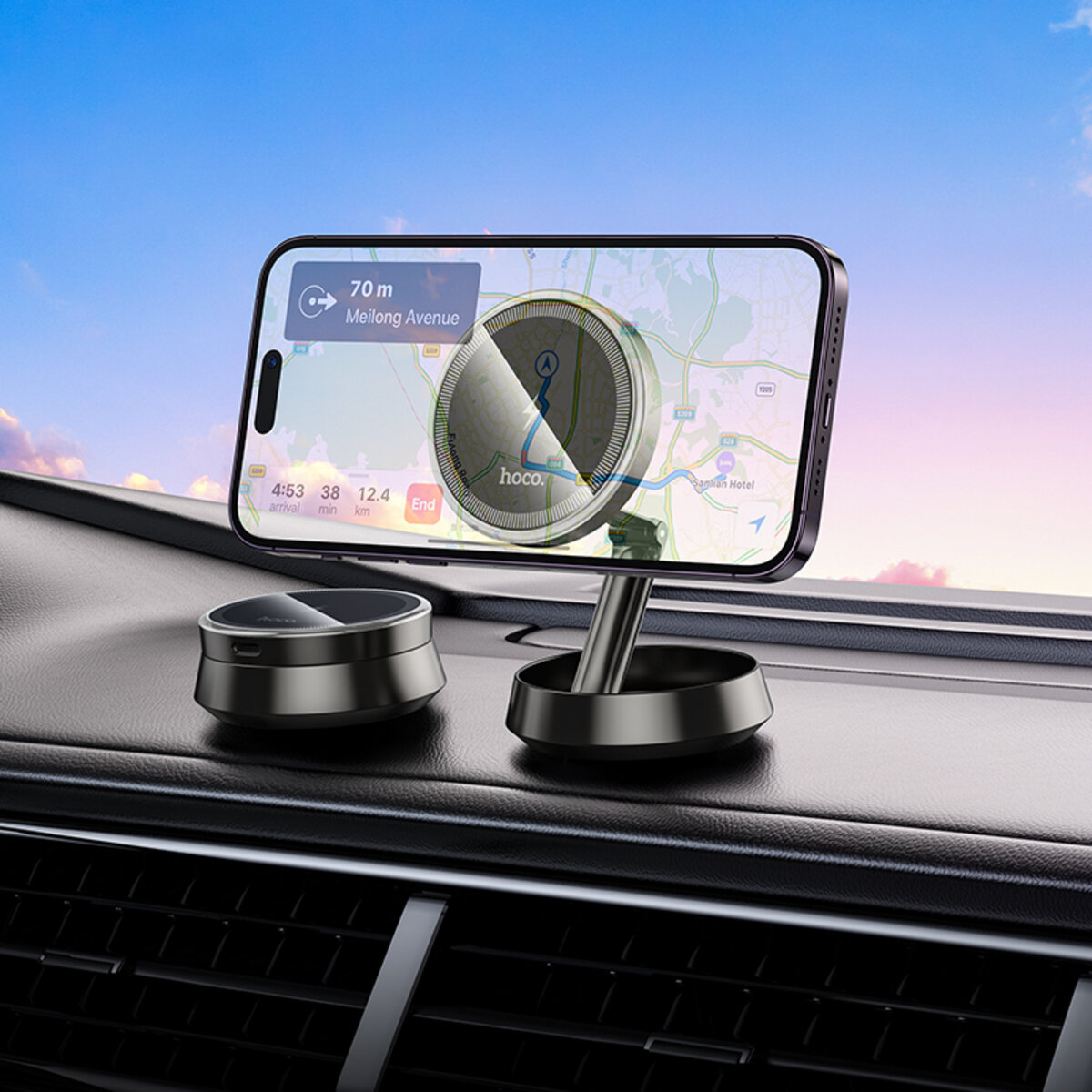 Автотримач для телефона HOCO HW33 Metal ring magnetic wireless fast charging car holder (center console) Metal Grey на малюнкі №8