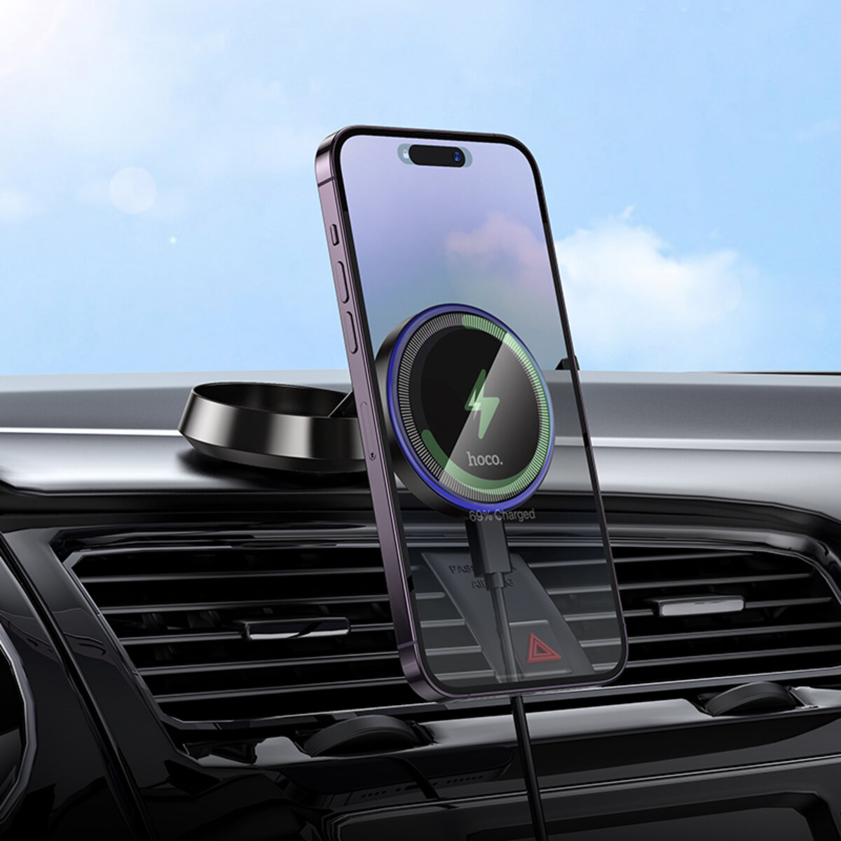 Автотримач для телефона HOCO HW33 Metal ring magnetic wireless fast charging car holder (center console) Metal Grey на малюнкі №7