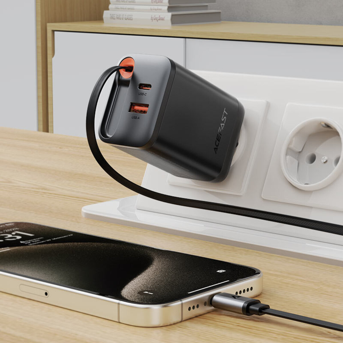 Мережевий зарядний пристрій ACEFAST A111 PD67W GaN charger(2*USB-C+USB-A) with retractable cable Black на малюнкі №6
