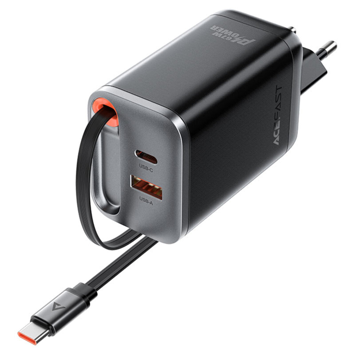 Мережевий зарядний пристрій ACEFAST A111 PD67W GaN charger(2*USB-C+USB-A) with retractable cable Black на малюнкі №3
