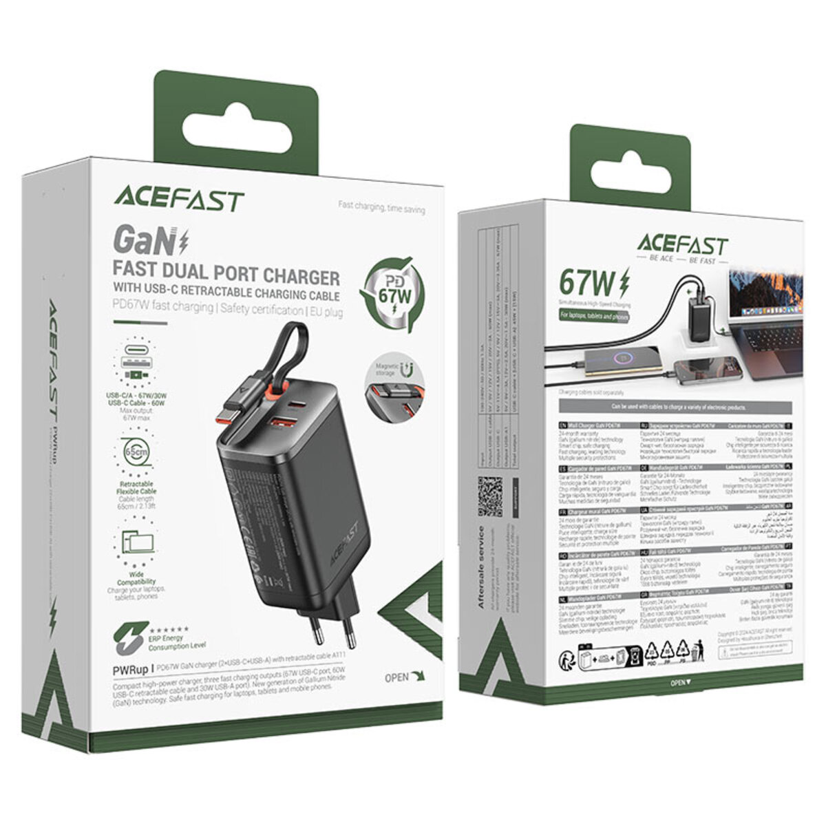 Мережевий зарядний пристрій ACEFAST A111 PD67W GaN charger(2*USB-C+USB-A) with retractable cable Black на малюнкі №2