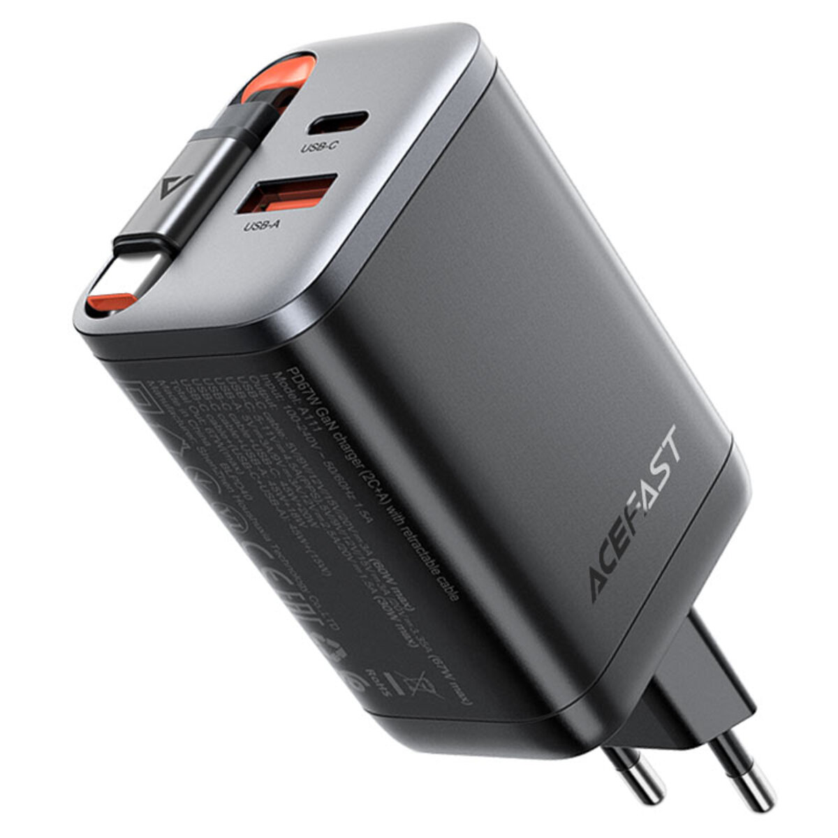 Мережевий зарядний пристрій ACEFAST A111 PD67W GaN charger(2*USB-C+USB-A) with retractable cable Black на малюнкі №5