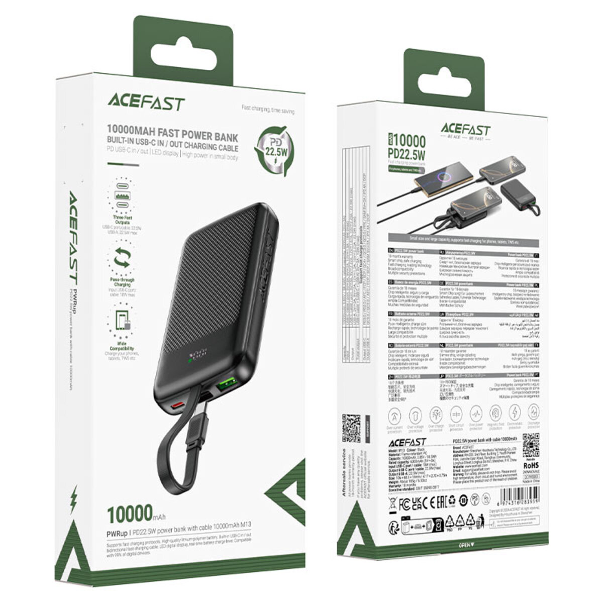 Зовнішній акумулятор ACEFAST M13 PD22.5W power bank with cable 10000mAh Black на малюнкі №2