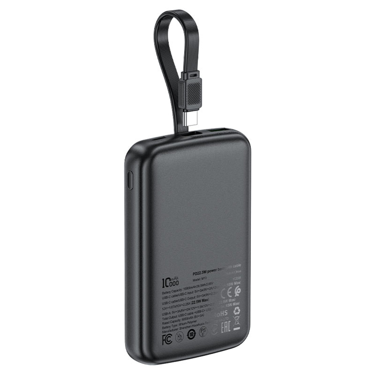 Зовнішній акумулятор ACEFAST M13 PD22.5W power bank with cable 10000mAh Black на малюнкі №3