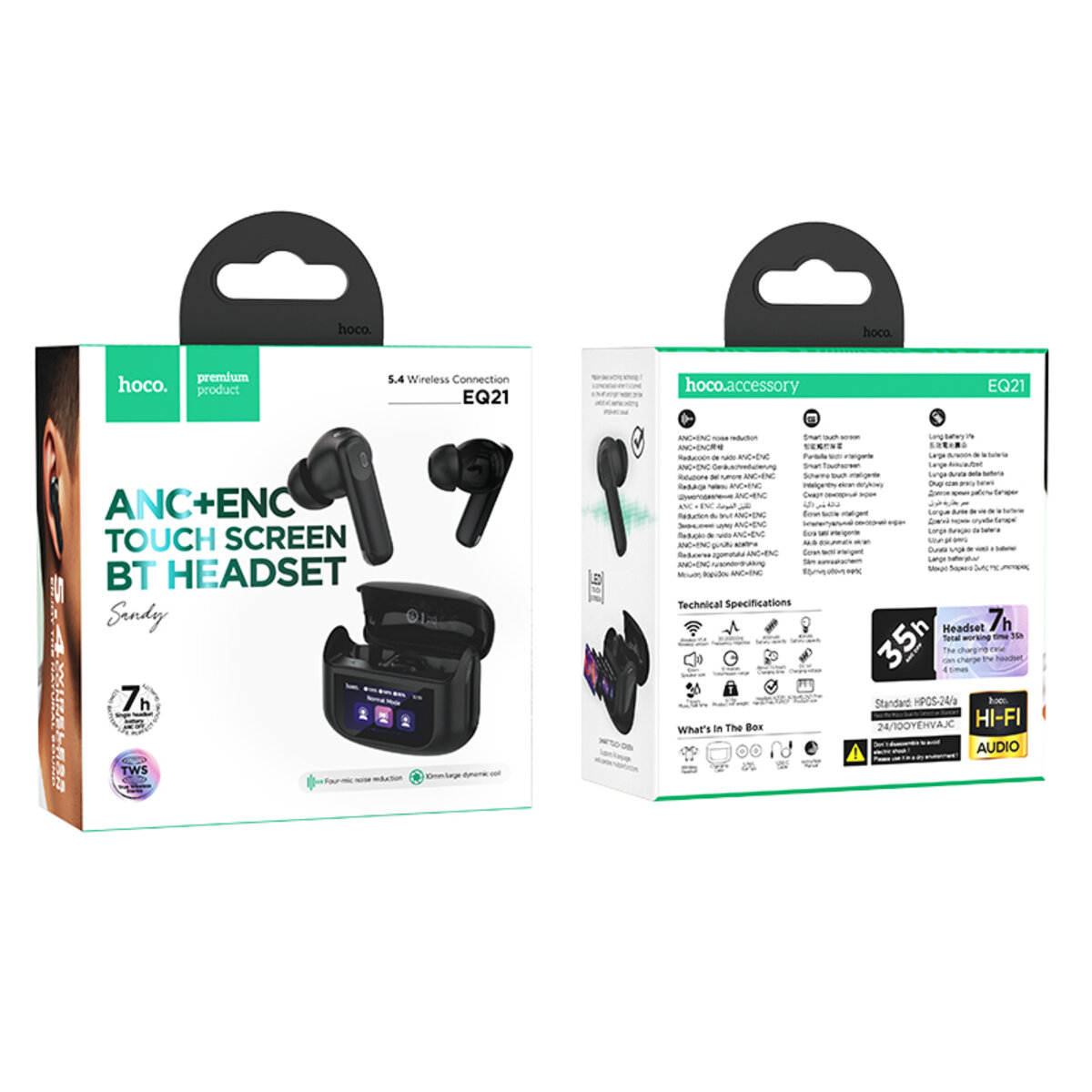 Бездротові навушники HOCO EQ21 Sandy true wireless ANC+ENC noise reduction touch screen BT headset Midnight Black на малюнкі №2