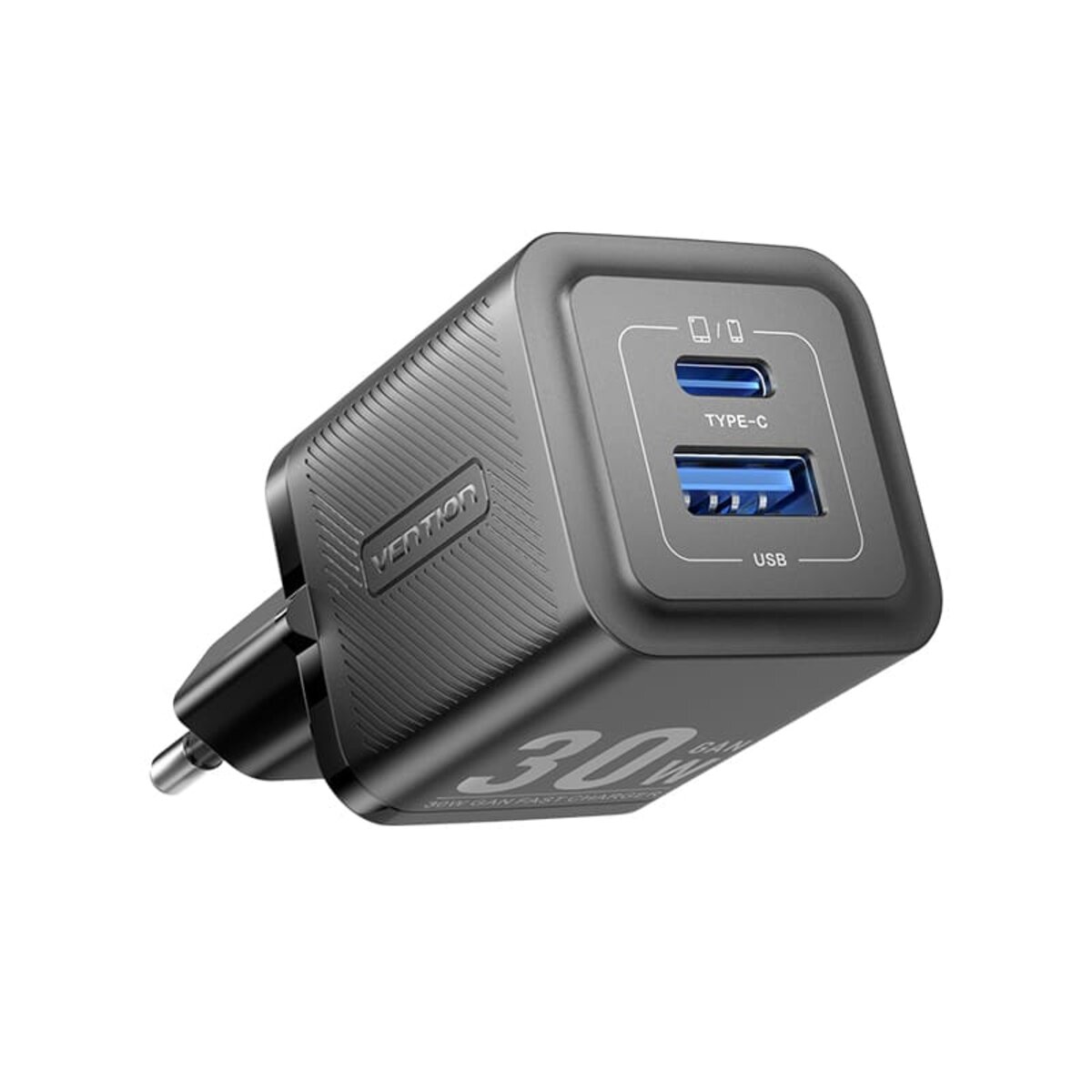 Мережевий зарядний пристрій Vention 2-Port USB (C + A) GaN Charger (30W/30W) EU-Plug Black на малюнкі №1