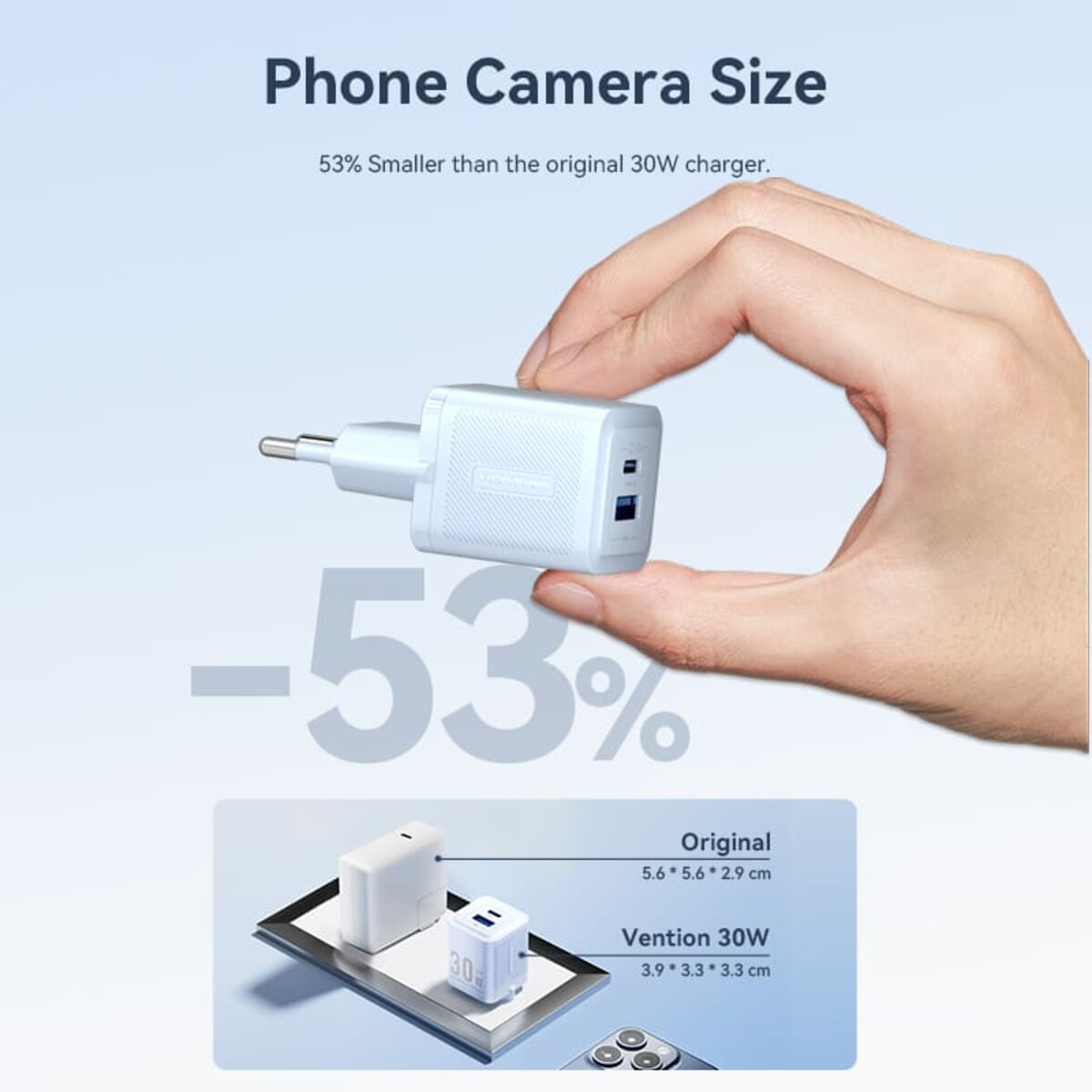 Мережевий зарядний пристрій Vention 2-Port USB (C + A) GaN Charger (30W/30W) EU-Plug Black на малюнкі №3