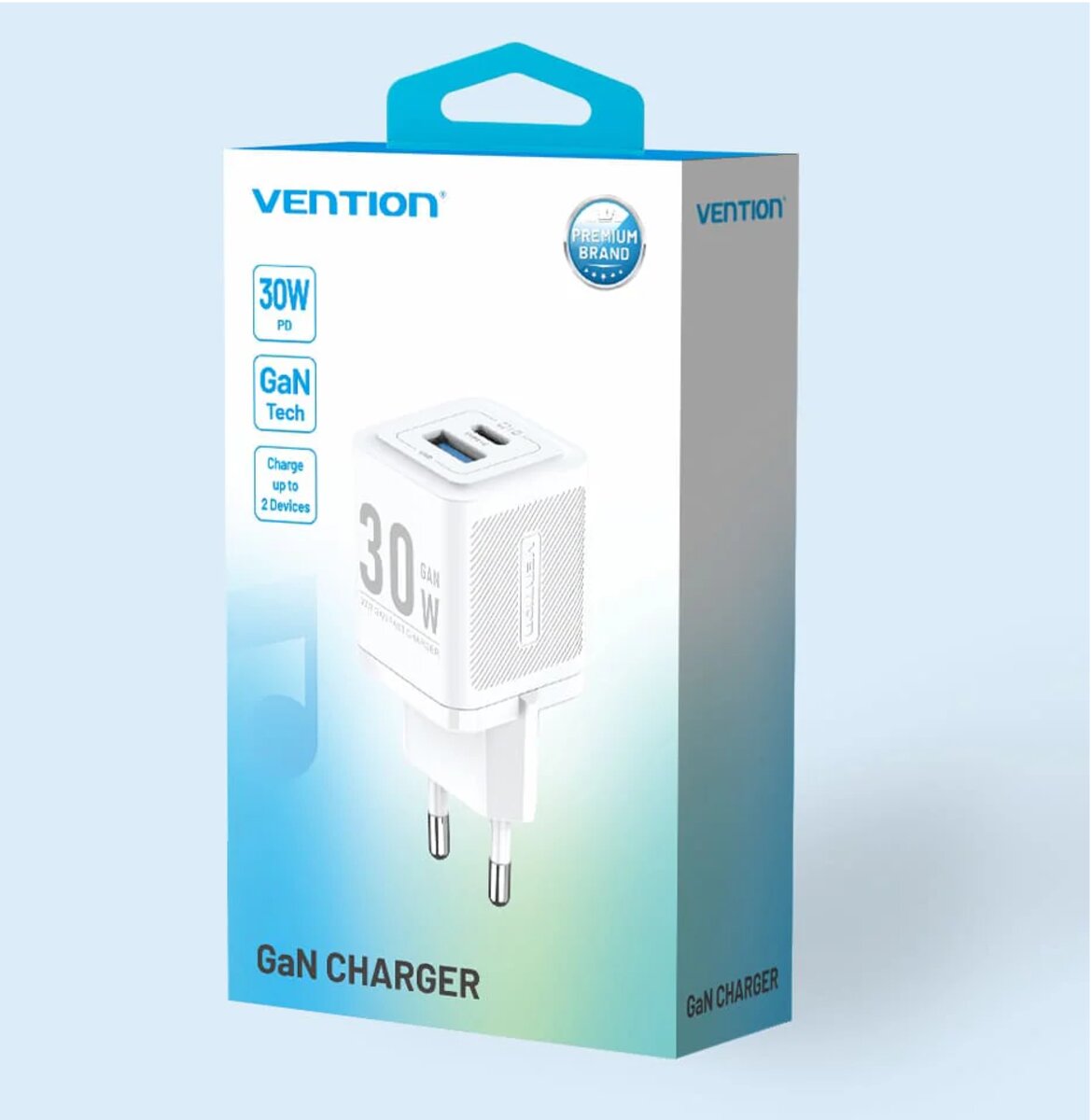 Мережевий зарядний пристрій Vention 2-Port USB (C + A) GaN Charger (30W/30W) EU-Plug White на малюнкі №2