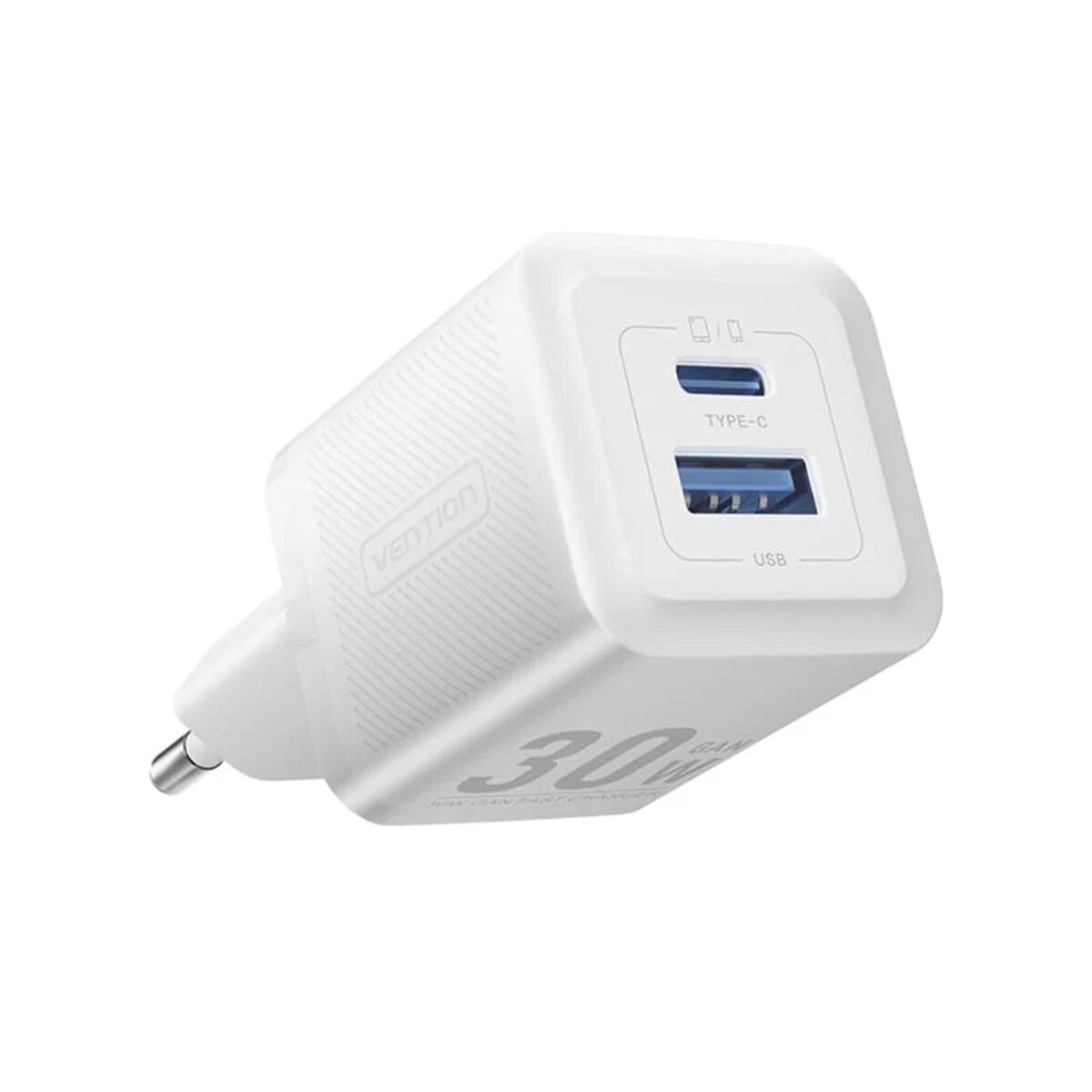 Мережевий зарядний пристрій Vention 2-Port USB (C + A) GaN Charger (30W/30W) EU-Plug White на малюнкі №1