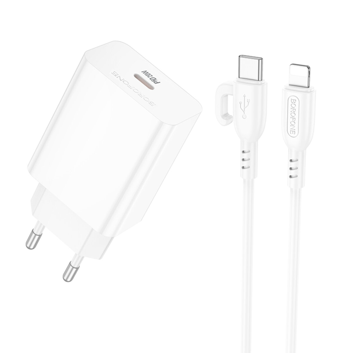 Мережевий зарядний пристрій BOROFONE BA21A Pro Long journey single port PD20W charger set(C to iP) White на малюнкі №1