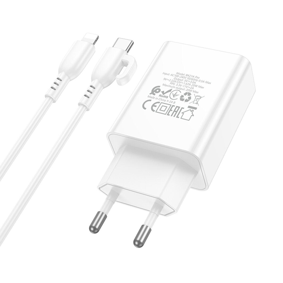Мережевий зарядний пристрій BOROFONE BA21A Pro Long journey single port PD20W charger set(C to iP) White на малюнкі №5