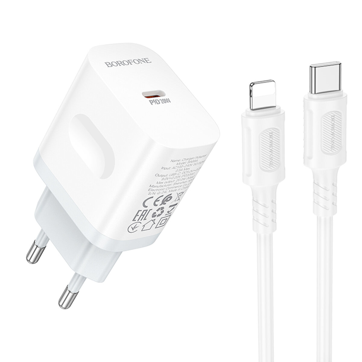 Мережевий зарядний пристрій BOROFONE BA99A Breeze single port PD20W charger set(C to iP) White на малюнкі №1
