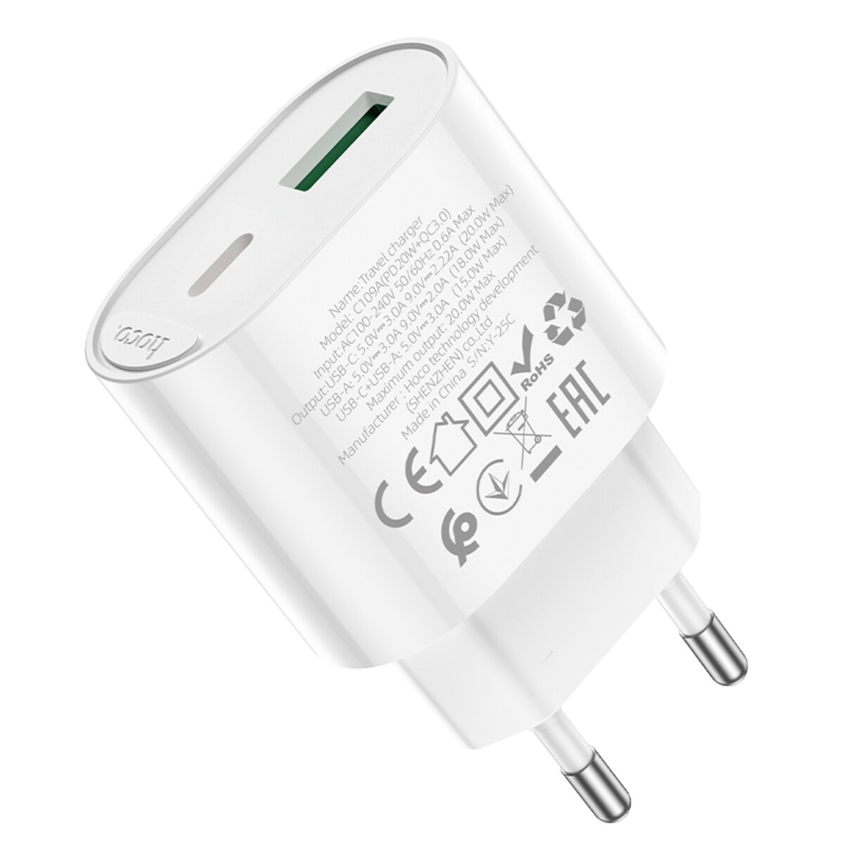 Мережевий зарядний пристрій HOCO C109A(PD20W+QC3.0) Fighter PD20W+QC3.0 charger White на малюнкі №7