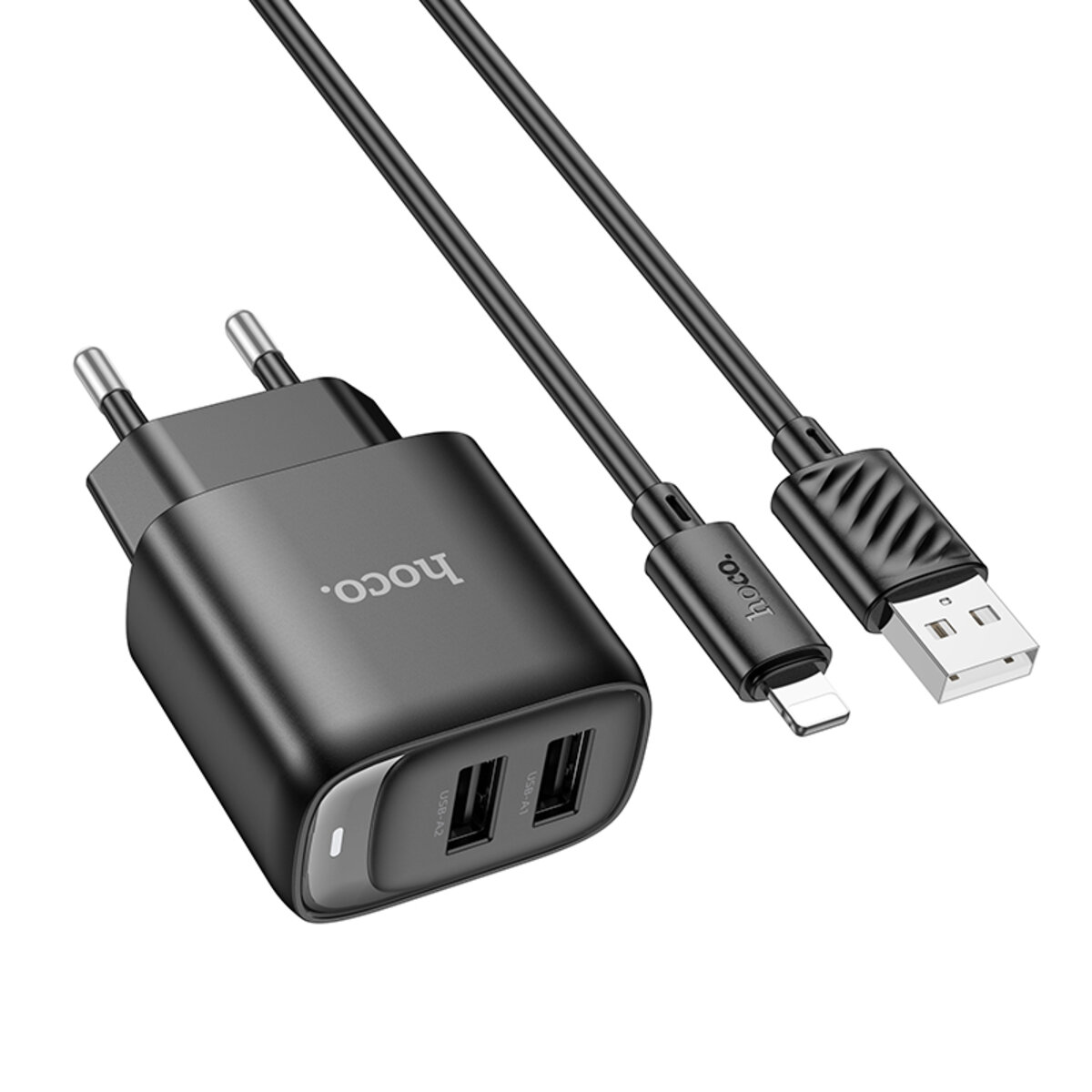 Мережевий зарядний пристрій HOCO C141A Smart dual-port charger set(iP) Black на малюнкі №3
