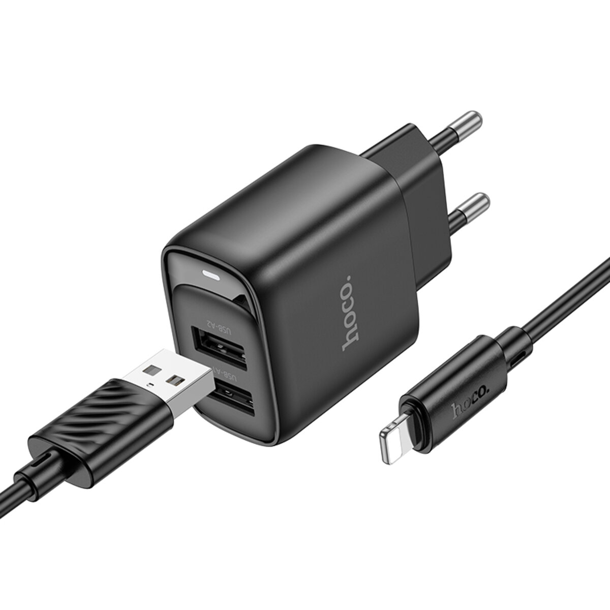 Мережевий зарядний пристрій HOCO C141A Smart dual-port charger set(iP) Black на малюнкі №1