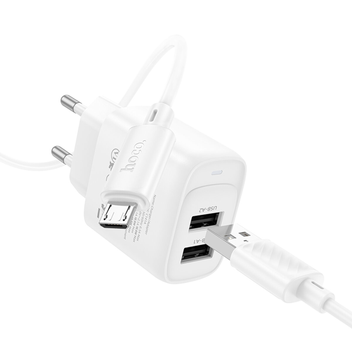 Мережевий зарядний пристрій HOCO C141A Smart dual-port charger set(Micro) White на малюнкі №3