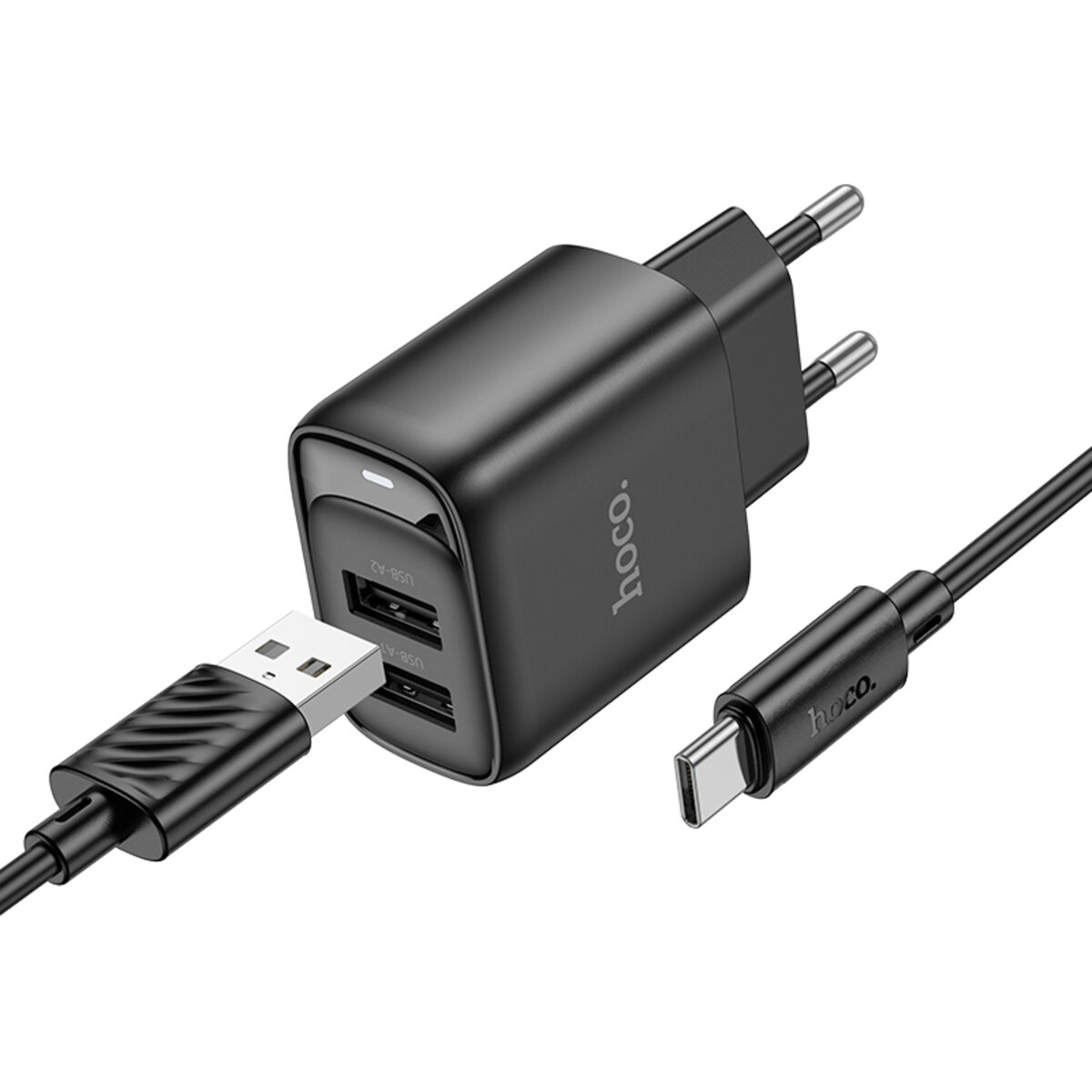 Мережевий зарядний пристрій HOCO C141A Smart dual-port charger set(Type-C) Black на малюнкі №1