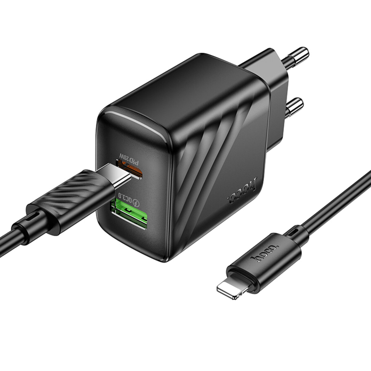 Мережевий зарядний пристрій HOCO CS25A Rico PD20W+QC3.0 charger set(C to iP) Black на малюнкі №5
