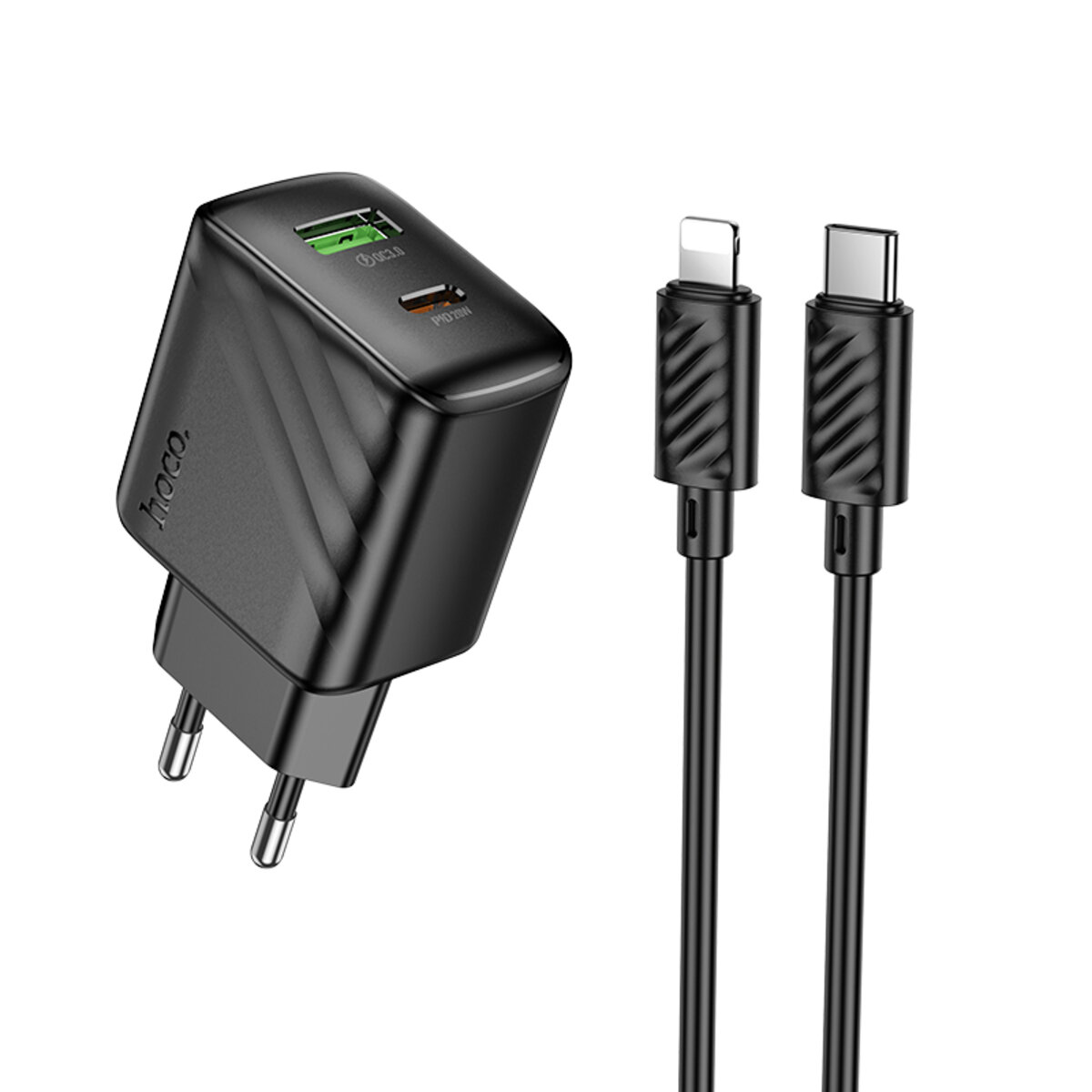Мережевий зарядний пристрій HOCO CS25A Rico PD20W+QC3.0 charger set(C to iP) Black на малюнкі №1