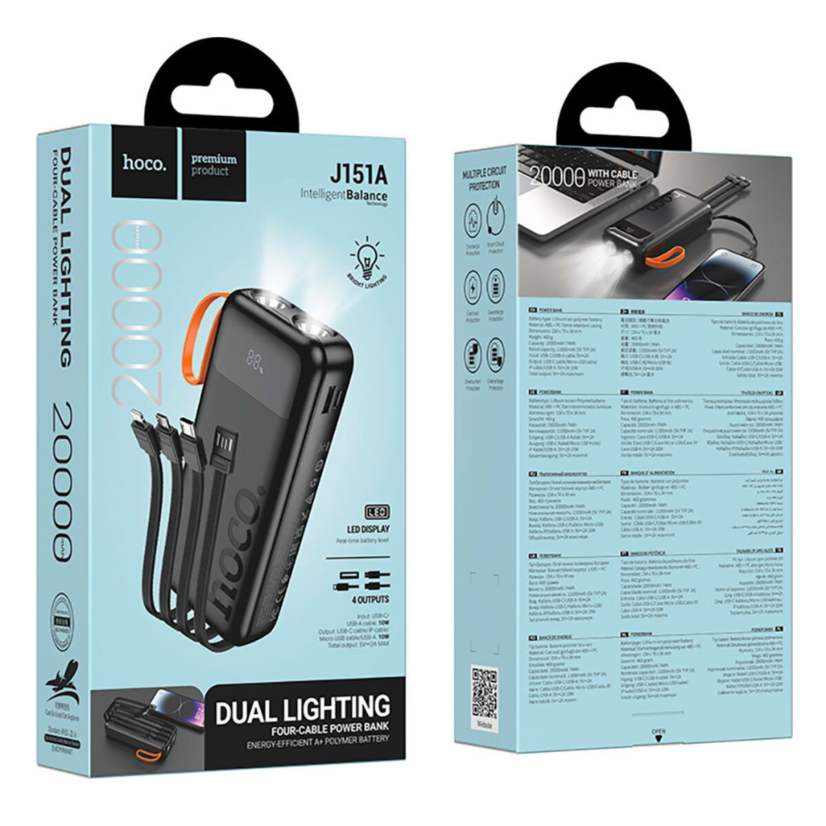 Зовнішній акумулятор Hoco J151A Spirit dual lighting four-cable power bank(20000mAh) на малюнкі №2