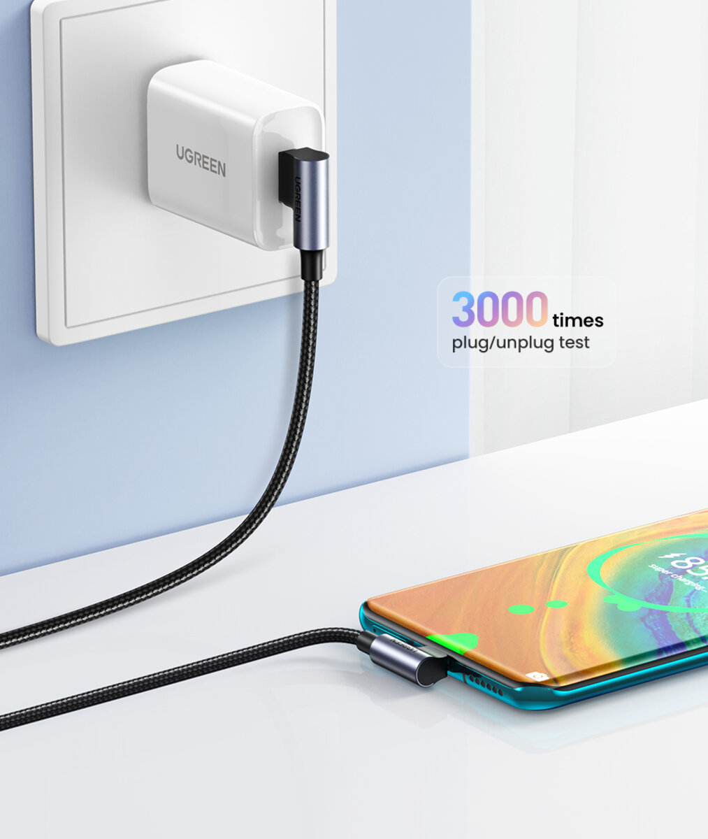 Кабель UGREEN US176 Right Angle USB-A to USB-C Cable 1m (Space Gray) на малюнкі №7