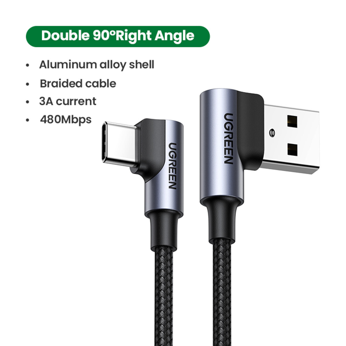 Кабель UGREEN US176 Right Angle USB-A to USB-C Cable 1m (Space Gray) на малюнкі №3
