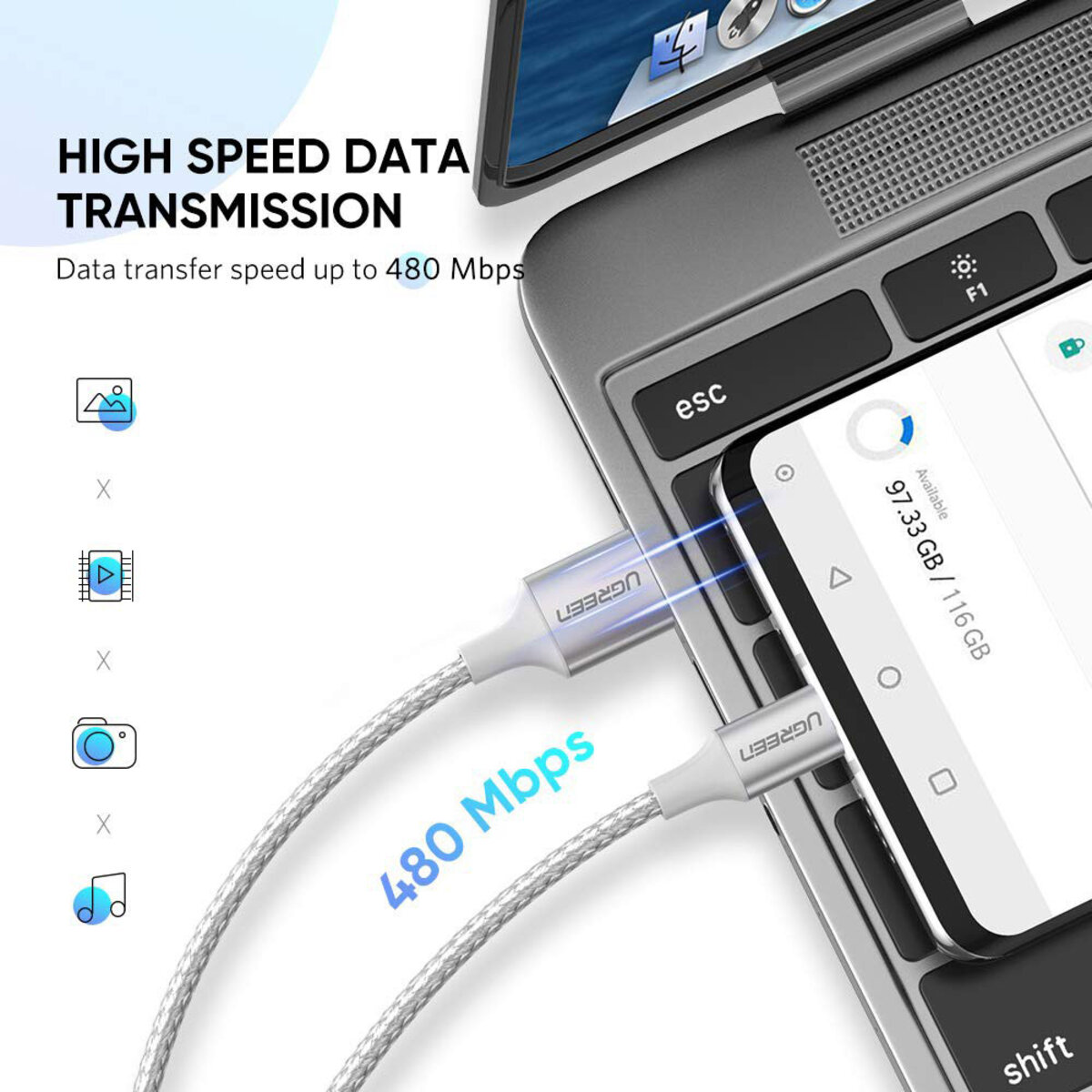 Кабель UGREEN US288 USB-A 2.0 to USB-C Cable Nickel Plating Aluminum Braid 1m (White) на малюнкі №4