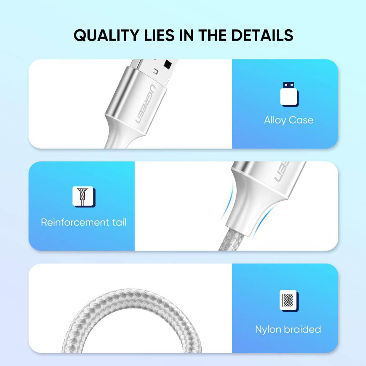 Кабель UGREEN US288 USB-A 2.0 to USB-C Cable Nickel Plating Aluminum Braid 1m (White) на малюнкі №5