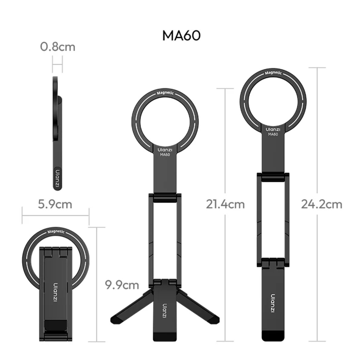 Тримач для телефону Ulanzi Vijim Ulanzi MA60 Foldable Magnetic Phone Tripod(Black) на малюнкі №6